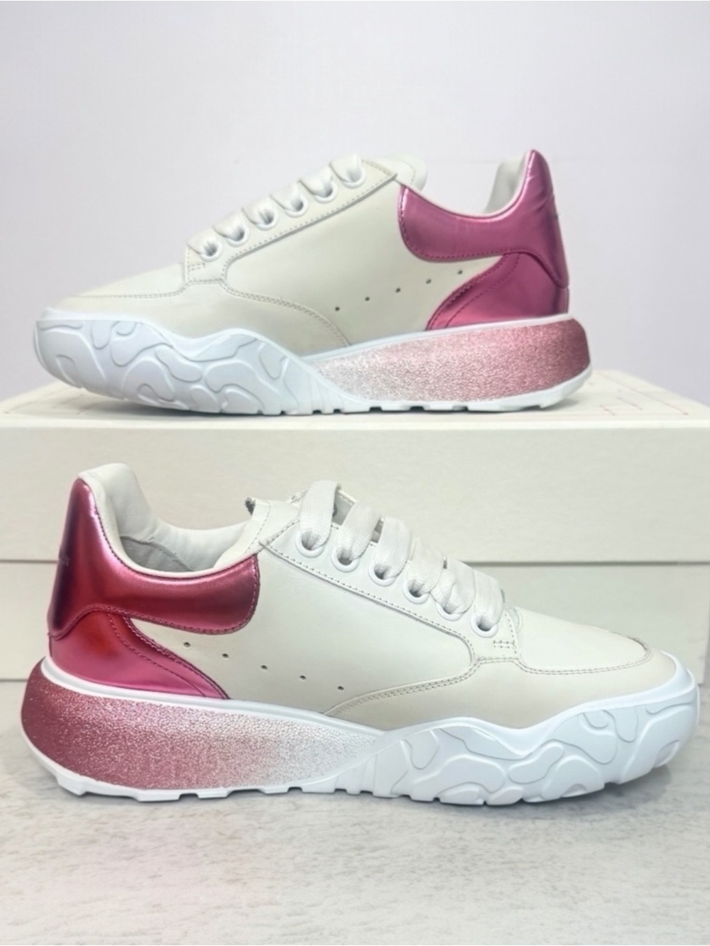Alexander McQueen Metallic Court Low-Top Ombre Pink Glitter Platform Sneakers 37